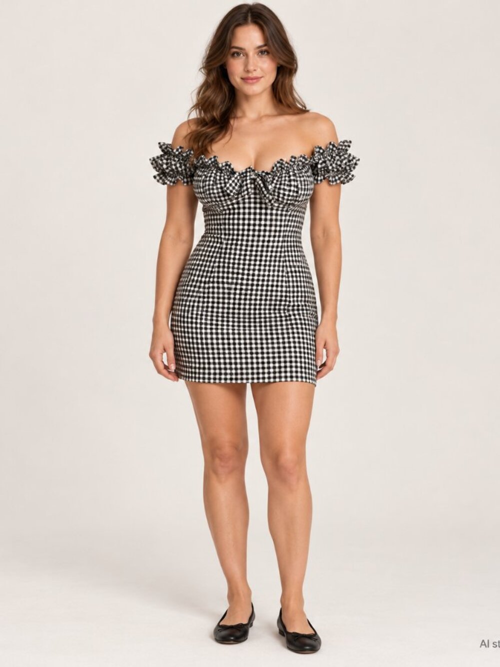 Missguided Black & White Gingham Ruffle Off-Shoulder Mini Dress
